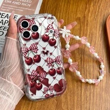 2pcs Set (Fashionable Lattice Bow Cherry Pattern Phone Case + Pink Rose Bow Bracelet), Compatible With IPhone 16 Pro Max/16 Plus/16 Pro/16/15 Pro Max/15 Plus/15 Pro/15/14 Pro Max/14 Plus/14 Pro/14/13 Pro Max/13 Pro/13/12 Pro Max/12 Pro/12, A60, Galaxy S25,S24,S23, Smart 10 Plus, Edge 50, A5 - Clear - View 3