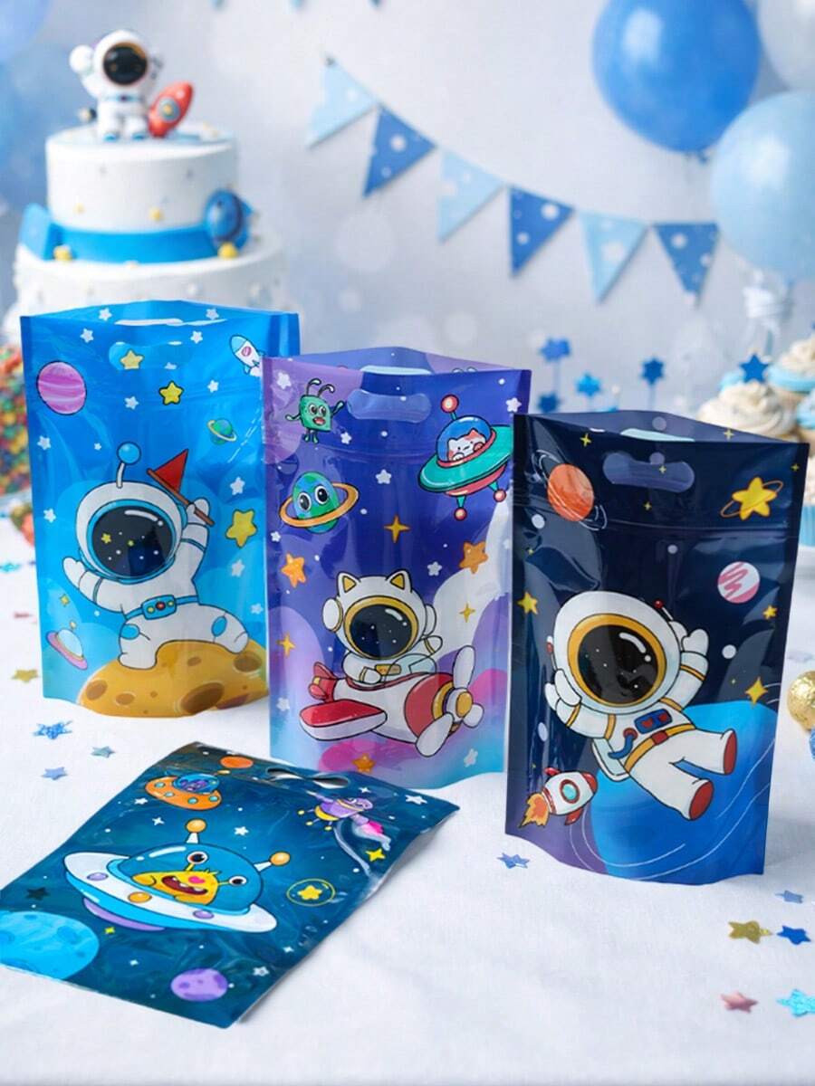 25个宇航员主题立式礼品袋，太空主题礼品袋，印有宇航员和外星人图案，带拉链透明礼品包装袋，配有提手，适合一周岁生日派对、婴儿派对、派对回礼、性别揭晓派对用品、立式袋、手提袋、男宝宝派对用品、派对小礼物。