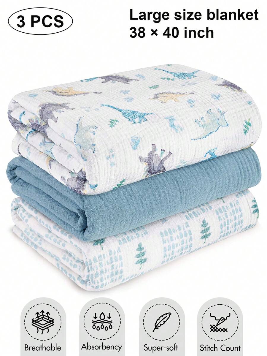 Bộ 3 chăn muslin cho bé sơ sinh, chất liệu cotton hữu cơ (Oeko-Tex 100), thoáng khí, mềm mại, kích thước lớn 38 x 40 inch, khăn lau miệng cho bé, đồ dùng thiết yếu cho lễ tắm em bé, quà tặng cho trẻ nhỏ. - Khủng long nhiệt đới - Xem 1