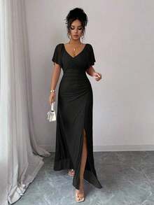 Vestido morado claro con cuello en V, mangas con volantes, cintura plisada y abertura, vestido elegante de dama de honor, vestido de fiesta, primavera/verano - Negro - Ver 6