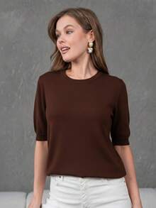 Women's Short-Sleeve Knitted Blouse With Button Closure At The Neck - Brown - View 1