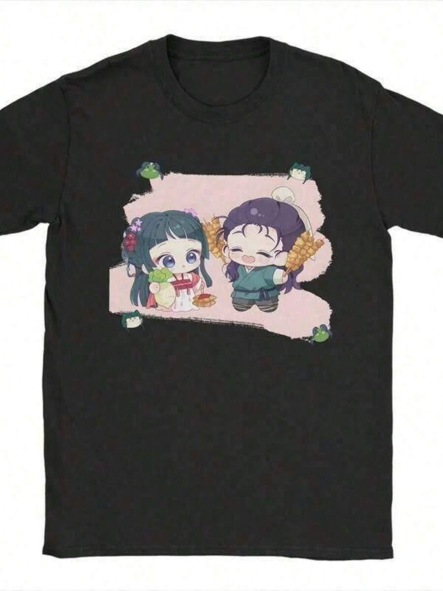 Camisetas masculinas "The Apothecary Diaries" com Maomao e Jinshi, feitas de puro algodão, camiseta criativa de manga curta e gola redonda. - Preto - Ver 1