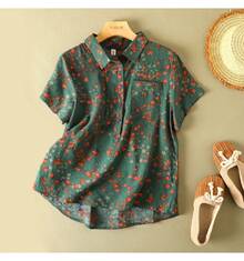 Camisa con estampado Floral Vintage para mujer, blusa informal holgada de manga corta con bolsillo, Top cómodo suave y fino para uso diario, moda de verano - Verde - Ver 2
