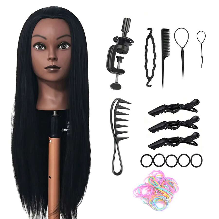 Đầu ma-nơ-canh tóc dài 26 inch kèm giá đỡ và dụng cụ tết tóc, đầu ma-nơ-canh màu đen dùng để luyện tập tạo kiểu tóc cho sinh viên ngành thẩm mỹ, bộ dụng cụ tết tóc, cắt tóc và thực hành.