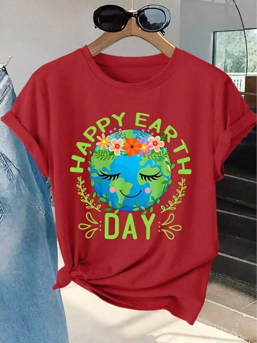 Women's Short-Sleeved T-Shirt, 100% Cotton, Summer Style, With A Cute Earth Day Print, Crew Neck, Machine Washable, Soft And Breathable, For Spring, Summer, And Fall. Stylish And Machine Washable. A Great Gift For Family, Siblings, Friends, Parents, Or Teachers. - Unisex Loose-Fitting Cotton Short-Sleeved Crew Neck T-Shirt, Urban Vintage Style. - 紅色 - 查看 1