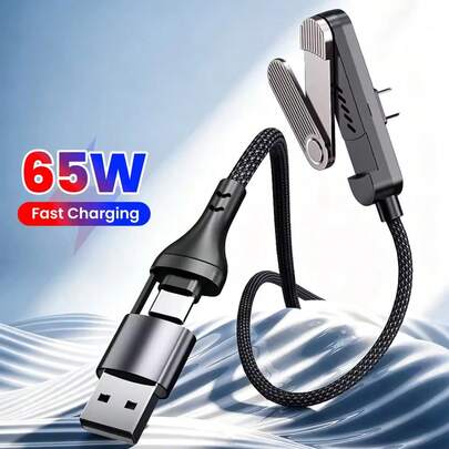 Cable de carga rápida de 65W con soporte plegable, diseño 2 en 1 USB + Tipo-C a Tipo-C, soporte plegable + punta en ángulo de 90°, carga y usa el teléfono simultáneamente, compatible con iPhone 17 Pro Max/17 Pro/17/Air/16/15, S25/S24/S23/S22/S21/S20