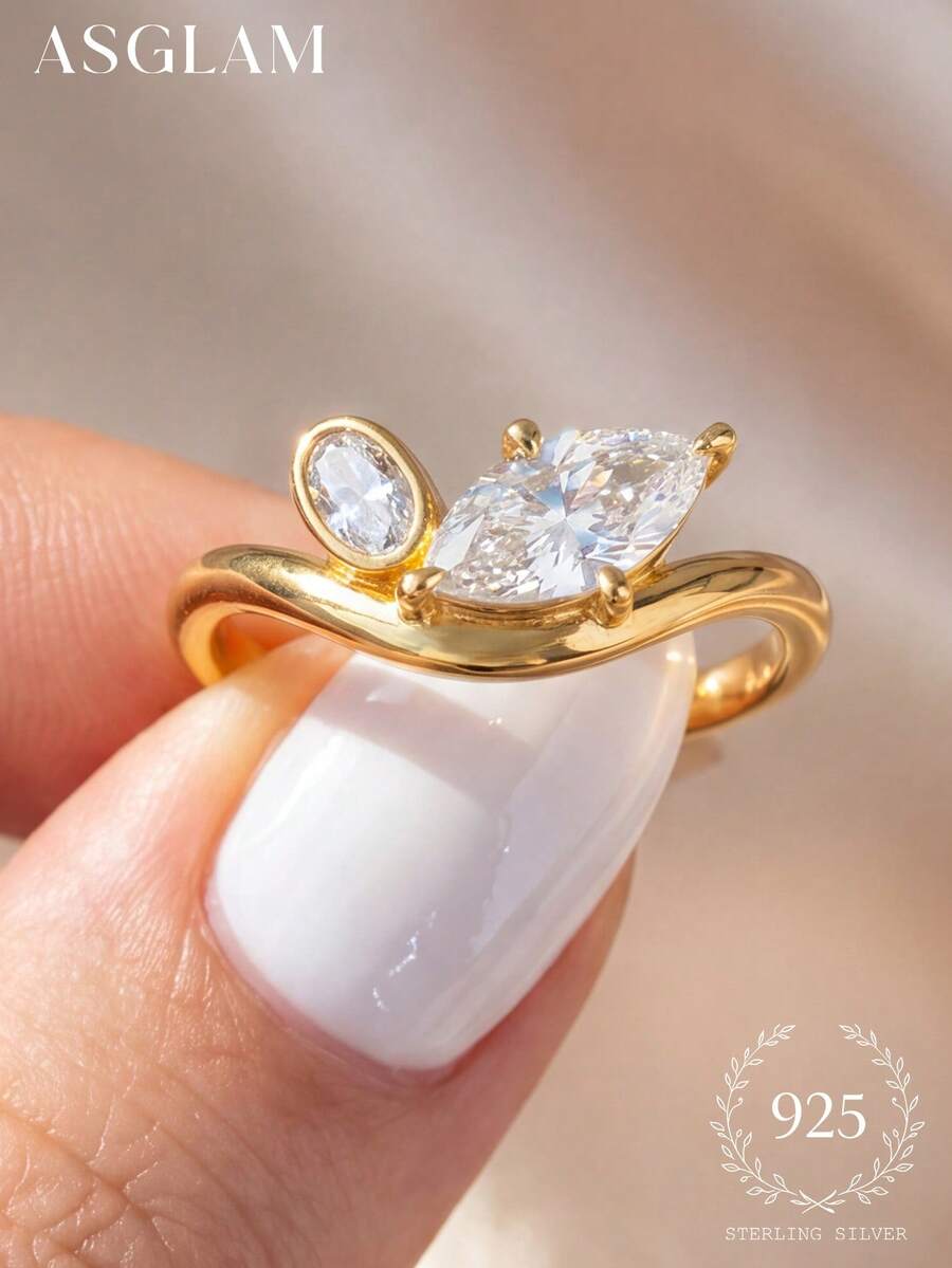 1pc 925 Sterling Silver Cat's Eye Stone Versatile Ring, Suitable For Girls' Daily Wear, Wedding Ceremonies, Girlfriend Gift - V-shaped Oval Horse Eye - View 1