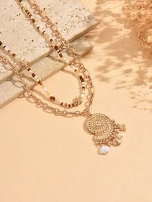 2pcs/Set Beach Vacation Style Ocean Creature Pendant Necklace, Fashionable Double-Layer Seashell, Starfish, Bead Decor Necklace Jewelry For Women, Suitable For Daily Wear, Summer Holiday, Party, Music Festival. The Colors And Arrangement Of The Beads Are Random. - Multicolor - View 3