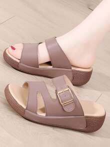 Women's Summer Slipper PU Leather Anti-Slip Soft Sole Ins Fashion Thick-Soled Platform Wedge Slippers For Outdoor Wear - Brown - View 6