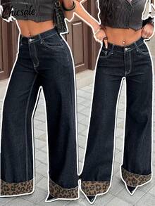 Women's Casual Loose Leopard Print Patchwork Wide Leg Jeans - Dark Wash - View 1
