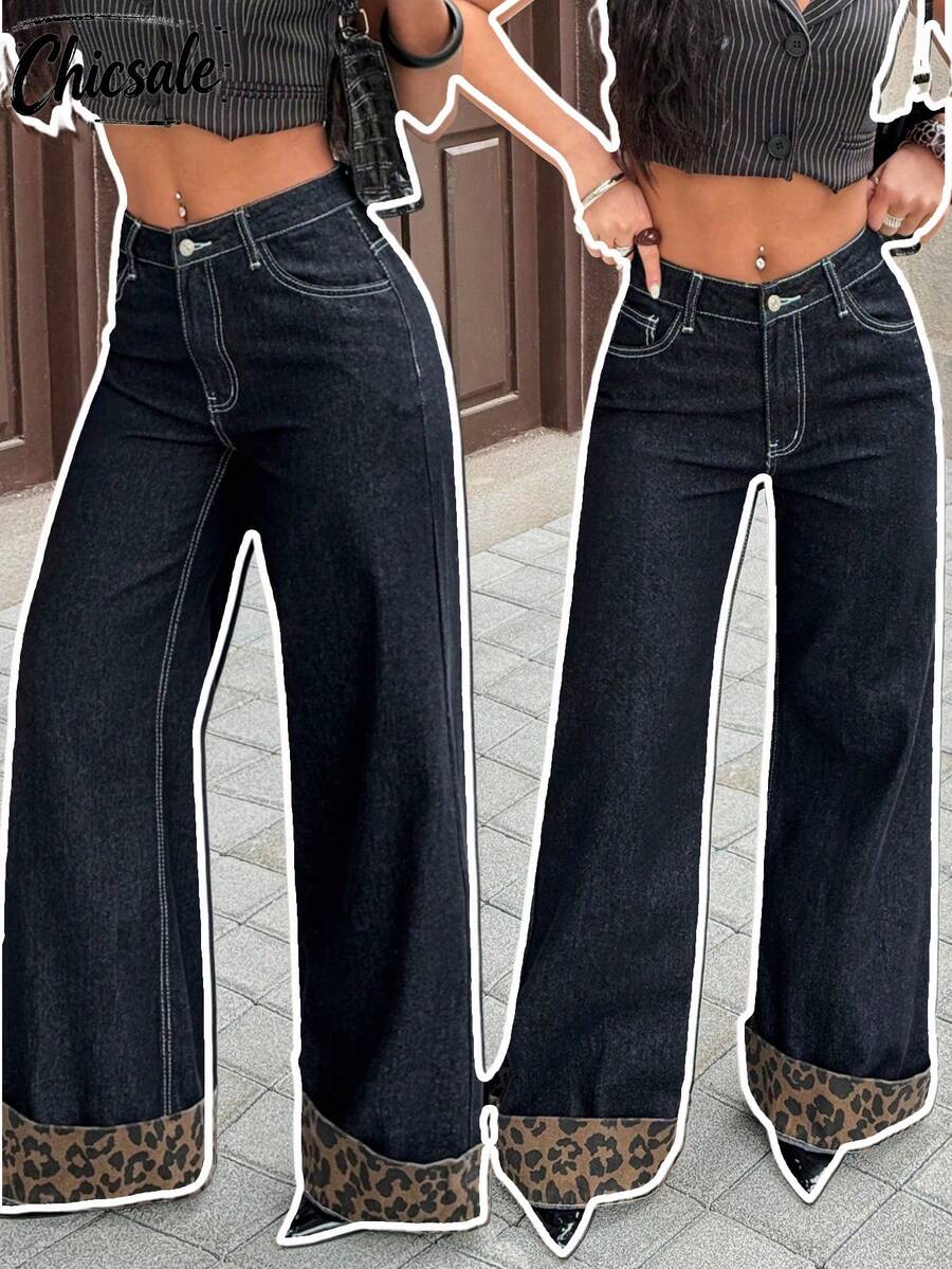 Women's Casual Loose Leopard Print Patchwork Wide Leg Jeans - Dark Wash - View 1