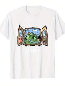 Unisex Van Vida Montaña Camping Viaje Gráfico Camiseta - Vintage CamperVan & Montaña Diseño del paisaje | 100% algodón suave elástico camiseta para RV viajeros y senderistas - Blanco - Ver 2