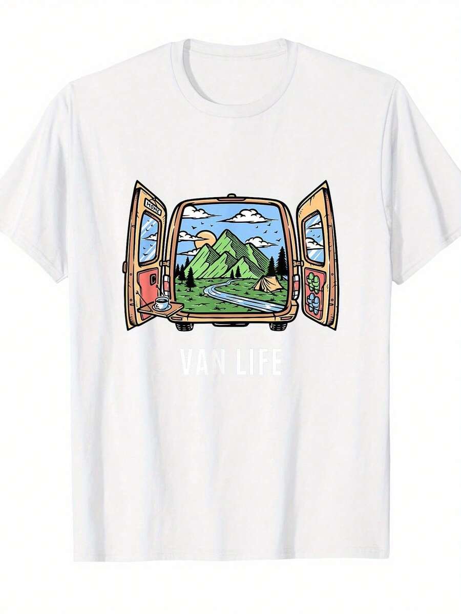 Unisex Van Vida Montaña Camping Viaje Gráfico Camiseta - Vintage CamperVan & Montaña Diseño del paisaje | 100% algodón suave elástico camiseta para RV viajeros y senderistas