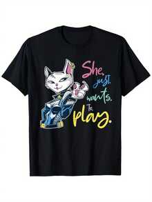 Unisex Pure Cotton T-Shirt, Cool - Cat: Cat: She Just Wants To Play | Casual T-Shirt For Outdoor Enthusiasts, Comfortable, Breathable And Durable Vintage Graphic, Pure Fabric Weight, Regular Size XL-XXXL, Crew Neck, Short Sleeves, Sheath, All-Season, Summer T-Shirt, Blouse, Basic Tops, Tops, Creative Design, Outdoor Play, Cool Style, Fun Design, Great For Outdoor Play, Creative Design, Outdoor Play, Cool Style, Fun Design, Great For Outdoor Play - Black - View 5