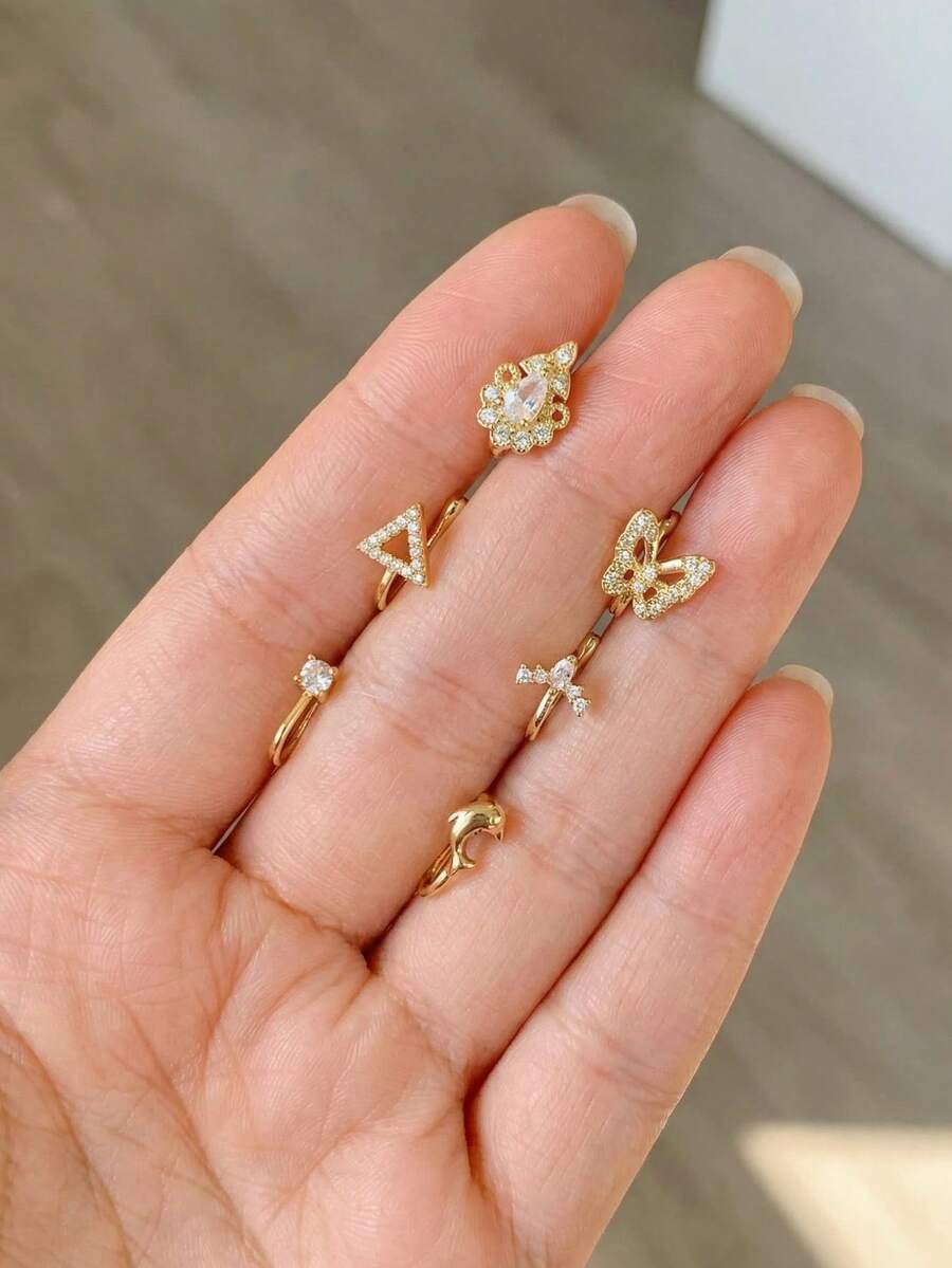 CHOSHILAR 6pcs/Set Assorted Non-Piercing Nose Rings, Gold Tone Elegant Luxury Design Nose Clips Suitable For Daily Wear And Parties - Gold 33 - View 1