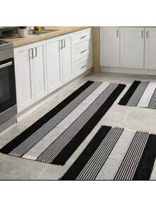 Kitchen Mat And Runner Set With 3 Pieces, Various Colors, Plain And Striped - Svart - Visa 1