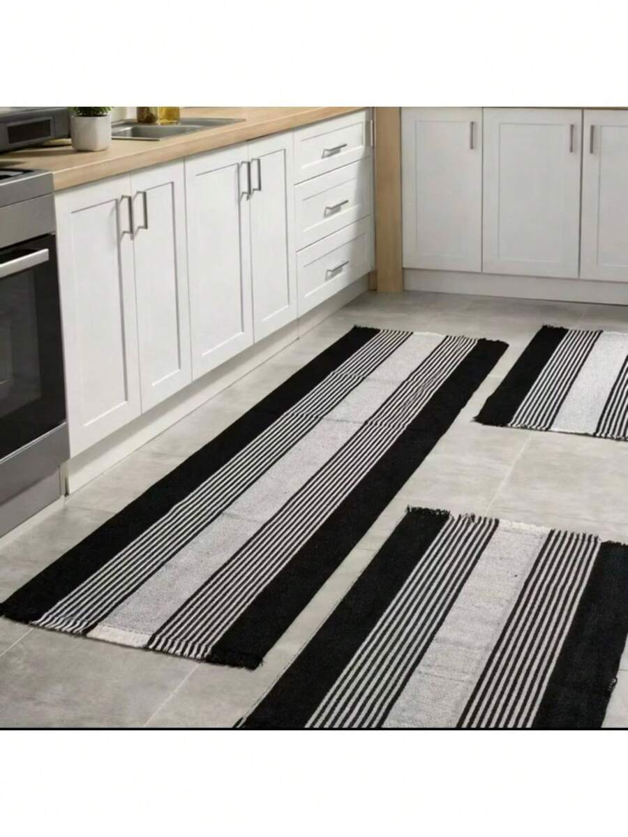 Kitchen Mat And Runner Set With 3 Pieces, Various Colors, Plain And Striped - Svart - Visa 1