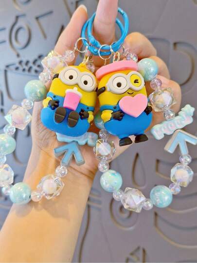  Süßer Minions Perlenanhänger - Cartoon Minions Charakterschlüsselanhänger mit Perlenkette, Kawaii blau & gelb Minions Taschenanhänger, süßer Handyband-Trageriemen für Frauen und Mädchen, Minions-Themen-Schlüsselanhänger für Rucksack, Handtaschendekoration, einzigartiges Geschenk für Minions-Fans, Mode-Schlüsselanhänger-Accessoire, Perlen-Schlüsselanhänger für den täglichen Gebrauch