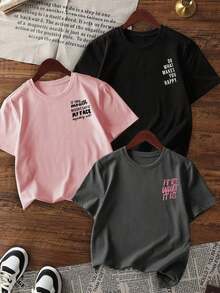 3 piezas Nuevas camisetas de manga corta de mujer con cuello redondo, de corte holgado y con diseño casual y lindo.Prendas de vestir de moda para uso diario y vacaciones.Nuevo conjunto de verano para mujer con estampado gráfico de 3 piezas, de cuello redondo.Adecuado para el Día de San Valentín, el regreso a la escuela, el Día del Maestro y otras festividades.Camisetas casuales de manga corta, suaves, holgadas y cómodas con estampado de letras para uso diario. - Rosa - Ver 8