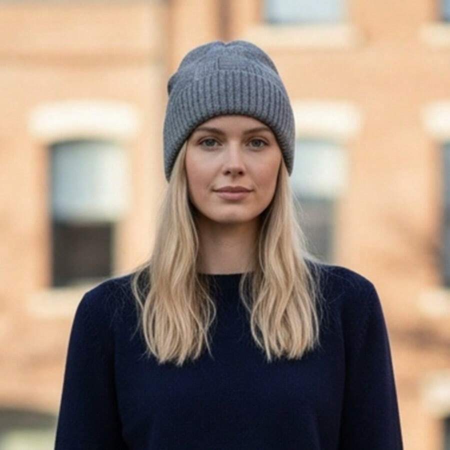 Short Checkered Wool Beanie Hat, Single Layer, Unlined - Gris Oscuro - Ver 1