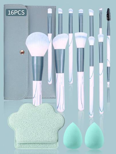 16 piezas Juego de brochas de maquillaje con esponjas de belleza y esponja de limpieza, brochas azules y blancas con pelo suave y bolsa de almacenamiento, ideal para principiantes y uso diario