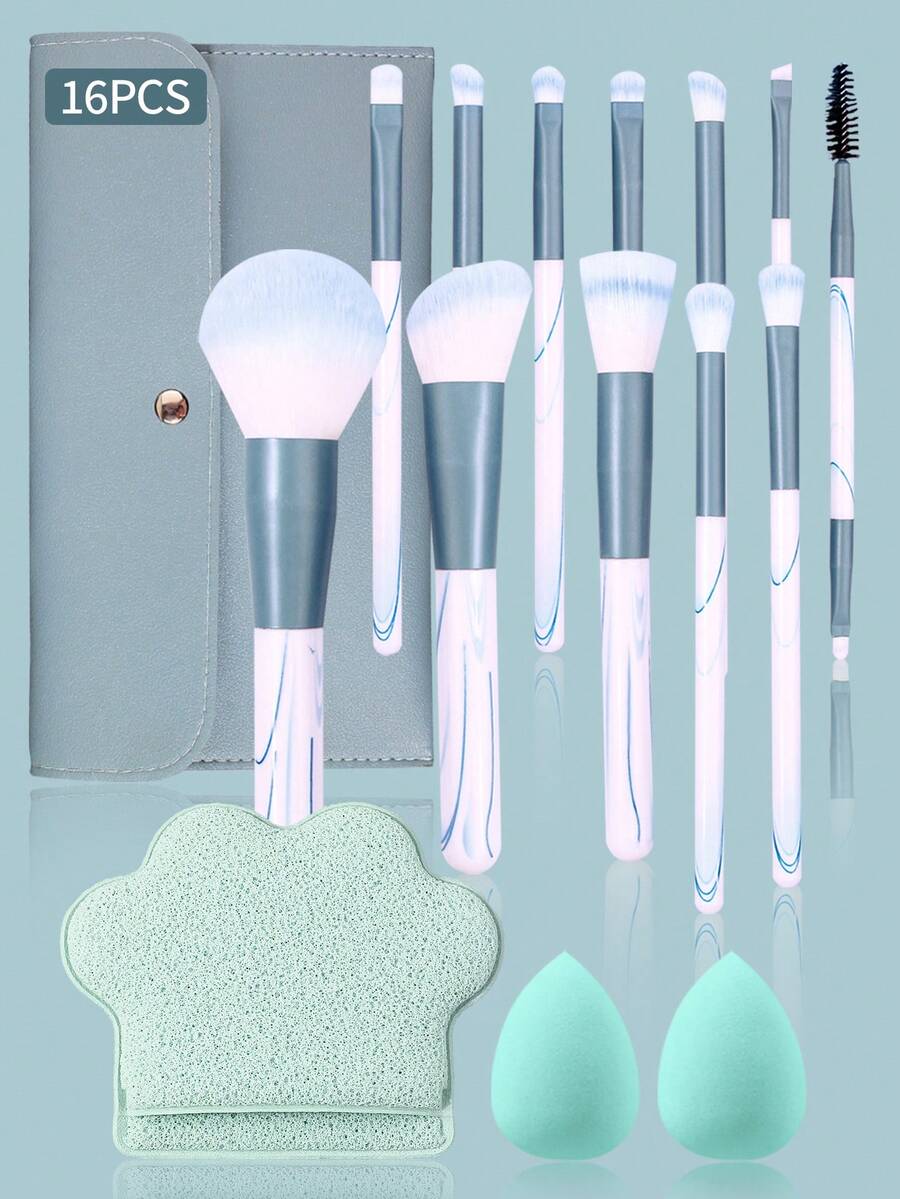 16PCS Makeup Brush Set With Beauty Sponges&Cleansing Sponge, Blue & White Brushes With Soft Hair& Storage Bag, Ideal For Beginners & Daily Use