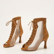 1 Pasang Sepatu Dansa Latin Ballroom Seksi Modis Bahan Suede Cokelat dengan Resleting Belakang Tinggi - Coklat - View 5