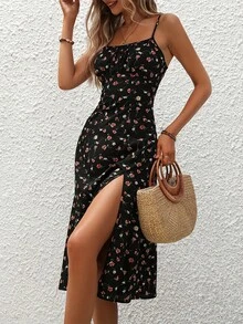 2024 mujeres estampado Floral tirantes espagueti verano Boho Vestido de playa estampado elegante tirantes cuello cuadrado vestido con abertura Vestidos - Punto Azul - Ver 3