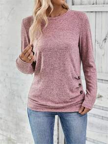Camiseta fruncida con decoración de botones, camiseta informal de manga larga para primavera y otoño, ropa de mujer - Rosa - Ver 4