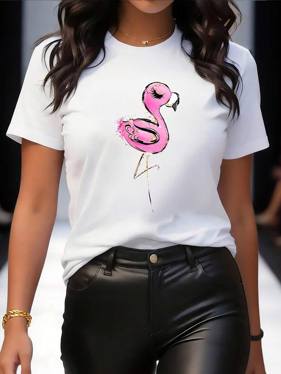 Pink Flamingo Pattern Artistic Print - Stylish And Fashionable - Y2K - Women's Crew Neck T-Shirt, Casual Sporty Short Sleeve, Sizes S-XXL, Multiple Colors Available - 白色 - 查看 1