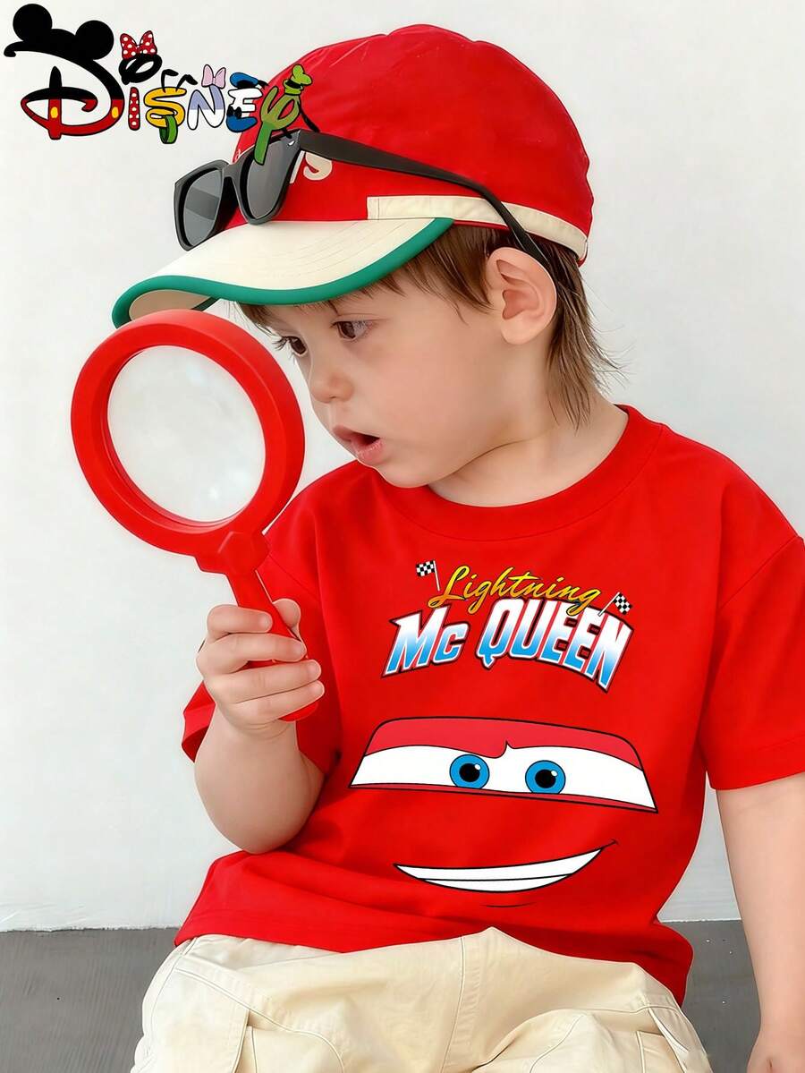 Disney Cars Lightning McQueen Print Kids' T-Shirt, Cute Cartoon Casual Tee, Perfect For Daily Wear, School Activities, Family Outings And Weekend Trips, Shipped From Local Warehouse - Đỏ - Xem 1