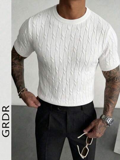  GRDR Men's White Knitted Sweater, Round Neck Twisted Floral Pattern Slim Fit Short Sleeve Pullover, Summer