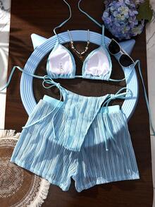 Bộ bikini dây rút kiểu boho sọc vàng trắng dành cho nữ, làm từ vải móc, kết hợp với quần ống rộng bằng lưới rỗng, thích hợp cho kỳ nghỉ biển và tiệc bể bơi, đồ bơi và quần áo mùa hè dành cho nữ. - Màu xanh nhạt - Xem 4