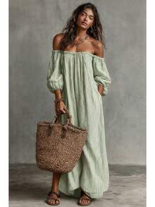 Triped Linen-Blend Maxi Dress, Off Shoulder Puff Sleeve Loose Fit, Casual Boho Vacation Sundress - Light Green - View 11