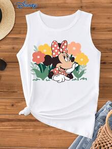 Áo hai dây in hình hoạt hình Minnie Mouse của Disney dành cho nữ, kiểu dáng thời trang, cổ tròn, có độ co giãn nhẹ, phù hợp mặc hàng ngày, chất liệu dễ bảo quản, áo vest nữ thường ngày. - trắng - Xem 1