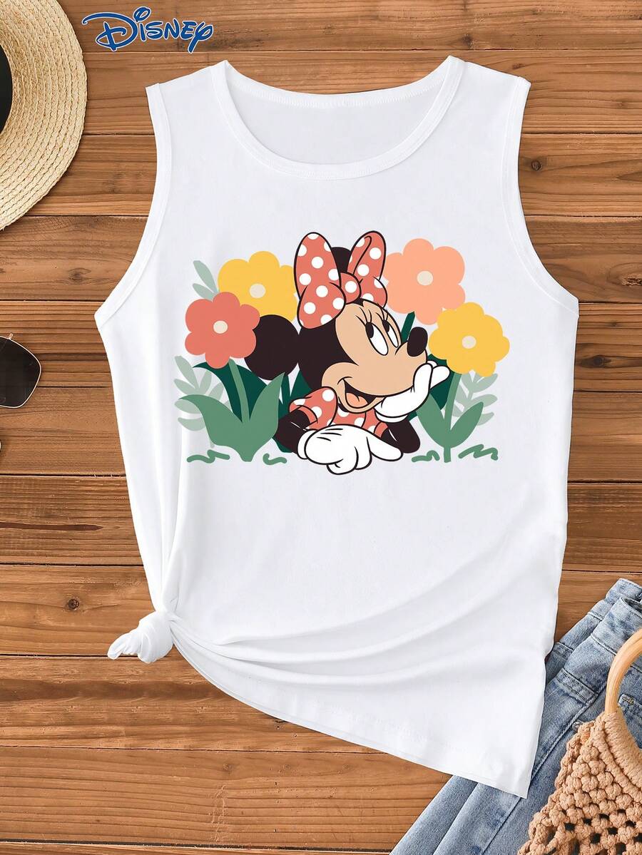 Áo hai dây in hình hoạt hình Minnie Mouse của Disney dành cho nữ, kiểu dáng thời trang, cổ tròn, có độ co giãn nhẹ, phù hợp mặc hàng ngày, chất liệu dễ bảo quản, áo vest nữ thường ngày. - trắng - Xem 1