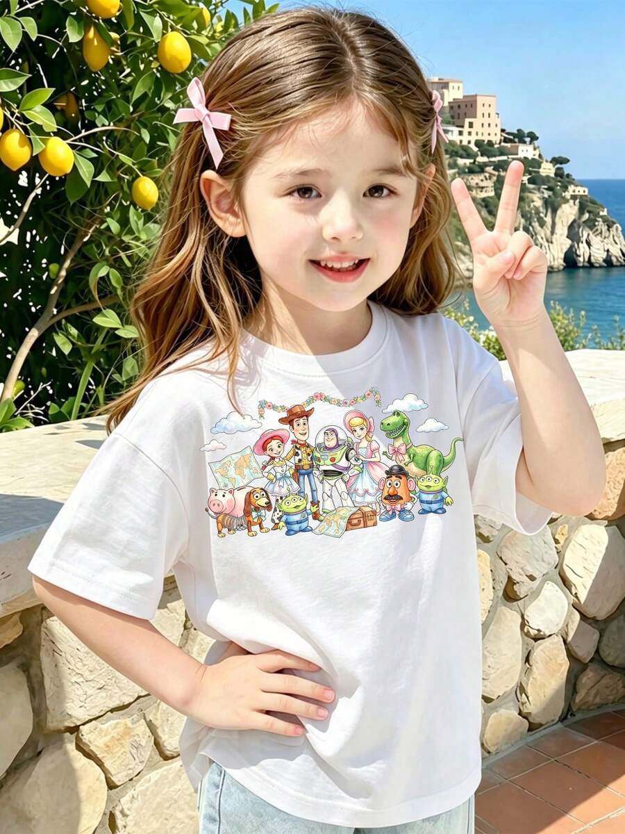 Toy Story Characters Gather On A Cute, Fresh, And Stylish Disney Girls' Crew Neck T-Shirt. 100% Pure Cotton Makes It An Ideal Choice For Daily Wear, Holiday Leisure, Outdoor Exploration, School Life, And Shopping Outings. It Is Also A Must-Have Item For Summer And A Perfect Disney Gift For Both Girls And Boys. - trắng - Xem 1
