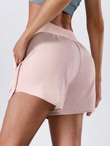 NcmRyu 1pc Women Solid Color Side Zipper Pocket Lined Sports Shorts - Pink - View 8