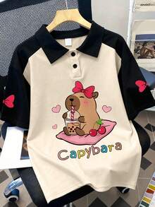 Girls' Cute Capybara & Bow Print Short Sleeve Polo Shirt, Patchwork Sleeve, Spring/Summer - Apricot - View 2