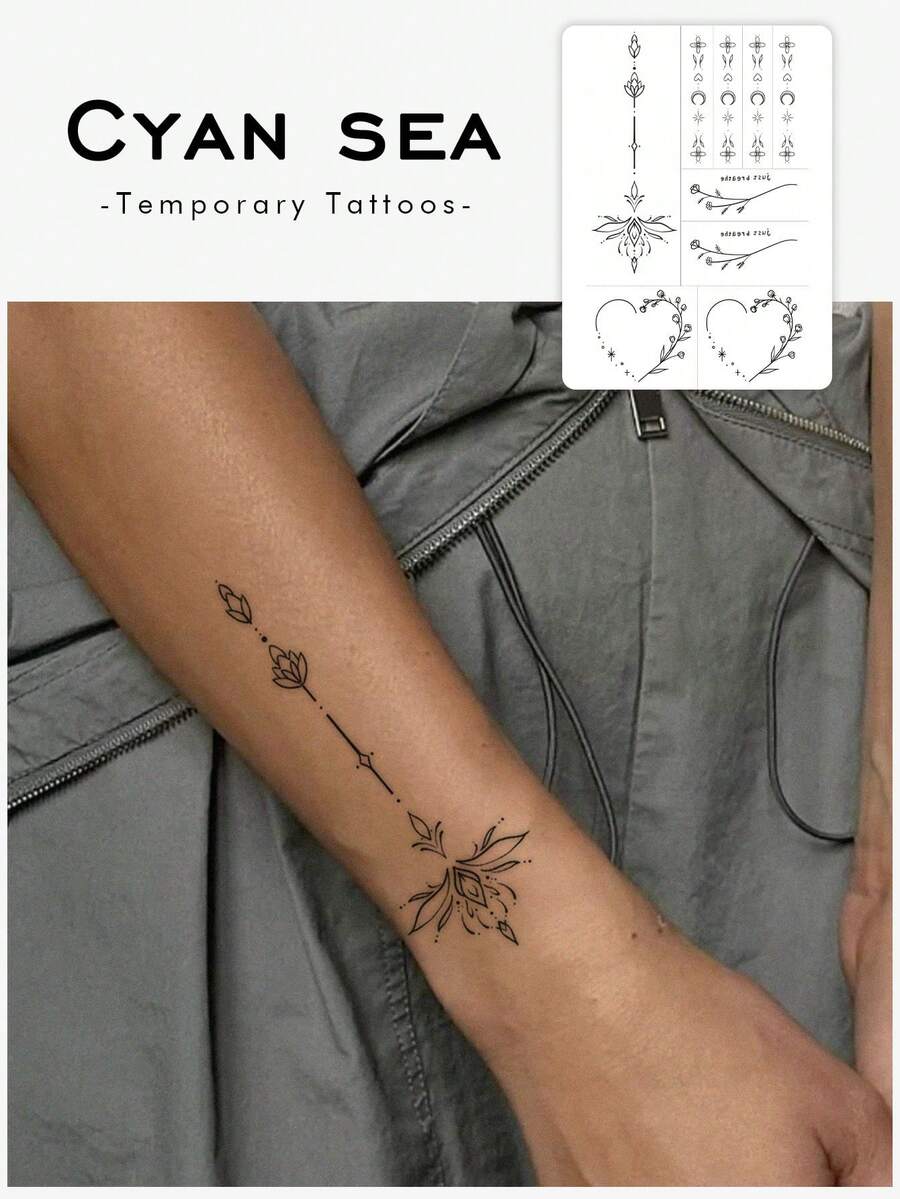 1 pieza Pegatina, Dibujo de línea simple de loto, flores, corazones, estrellas, luna, Colección de pequeños elementos en inglés, Pegatina de tatuaje temporal, resistente al agua, resistente al sudor, adecuado para brazos, abdomen, no reflectante, tatuaje realista, adecuado para personas, uso diario, puede durar de 3 a 5 días - Negro - Ver 1