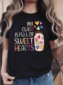 Women's Teacher Heart Theme T-Shirt - Heart Jar And Slogan Decoration Casual Short Sleeve Warm Colorful Daily Teacher Top - 黑色 - 查看 1