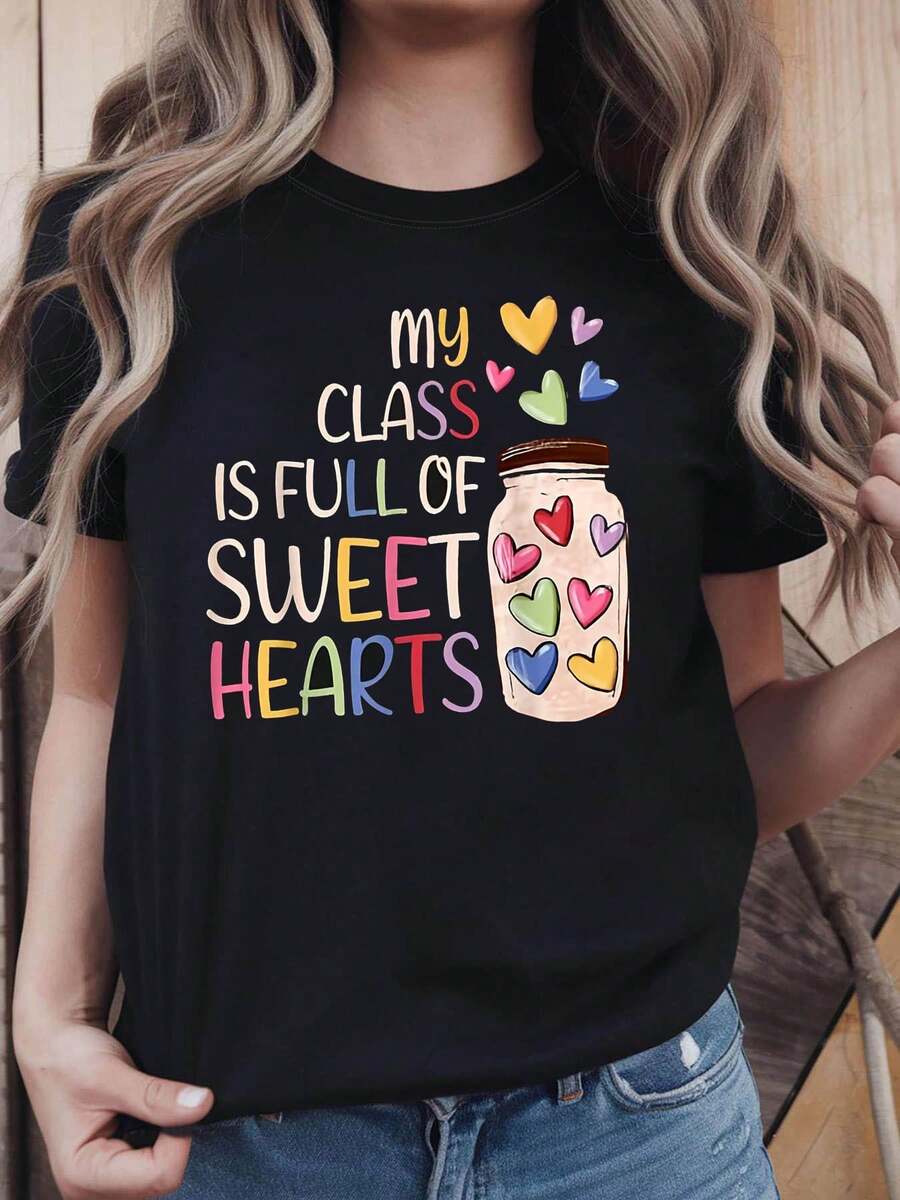 Women's Teacher Heart Theme T-Shirt - Heart Jar And Slogan Decoration Casual Short Sleeve Warm Colorful Daily Teacher Top - 黑色 - 查看 1