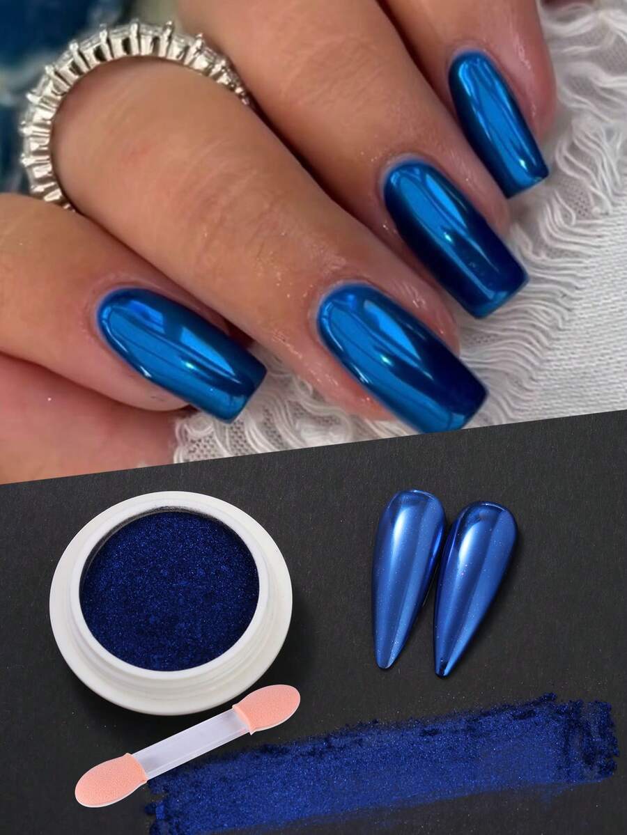 1 Box Blue 4th Of July Metallic Mirror Nail Powder, Metallic Glitter Nail Art Design, DIY Holiday Matte Nail Powder Supplies - Blue - View 1