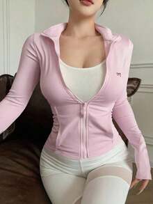 Chaqueta ajustada de punto para mujer, color morado sólido, manga larga, cuello alto y cierre de cremallera frontal, estilo deportivo casual y favorecedor, ideal para primavera y otoño, actividades al aire libre, gimnasio, yoga, uso diario y combinaciones con leggings y pantalones deportivos - Rosa 4 - Ver 6