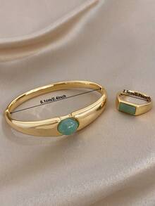 Ensemble de bague et bracelet vintage charmant avec pierre précieuse verte pour femmes, en acier inoxydable doré, convient pour les fêtes, les vacances, les jours fériés, la fête des mères, la Saint-Valentin et autres occasions, un cadeau de bijou exquis - Multicolore - Voir 8