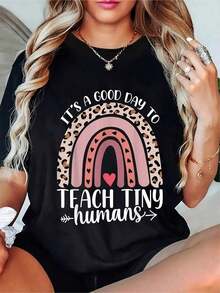 100% cotton Camiseta con temática de maestros con arcoíris y el eslogan "Teach Tiny Humans" - Letras rosas y blancas, manga corta, cuello redondo, top casual para educadores, personal y cuidadores de niños - Ropa de maestro lavable a máquina, ideal como regalo. - Negro - Ver 8