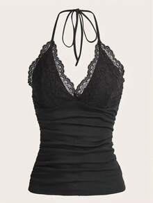 Goth Grunge Punk negro encaje Patchwork Halter Top mujeres verano sólido acanalado espalda descubierta sin mangas camiseta sin mangas ropa de calle Y2K ropa - Negro - Ver 4