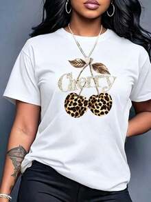 Women's Casual T-Shirt - Leopard And Cherry Design In Bright Orange, Everyday Top, Soft Polyester Fabric, Machine Washable, Suitable For Daily Wear And Parties, Weekend Style, Fun Design, Comfortable Fit, Short Sleeve, Must-Have For Fashion Enthusiasts, Loose And Comfortable Summer-Vintage Style, Unisex Cotton T-Shirt With Round Neck And Short Sleeve. - 白色 - 查看 2