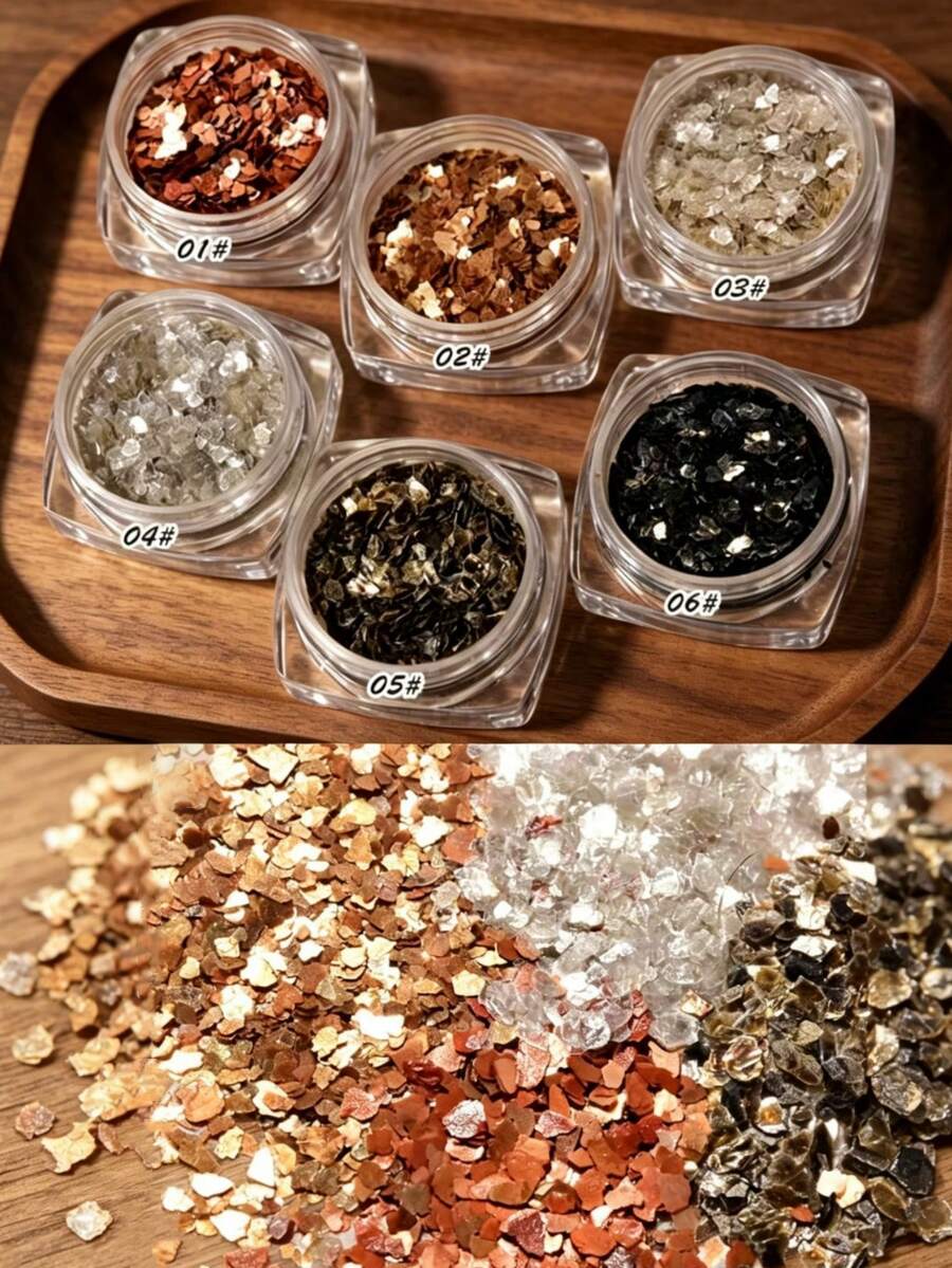 6 pièces Paillettes de mica pour décoration d'ongles, pépites de marbre, paillettes dorées en cuivre DIY, paillettes de coquille métallique minérale pour nail art, convient comme remplissage de moule en résine époxy, fournitures artisanales DIY, décoration de projet artistique, moulage de bijoux, sirène, peluche, asymétrique, mica de marbre, tranche, dégradé, perle, décoration d'artisanat de bijouterie (styles assortis)