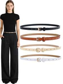 1/3/4pcs Geometric Buckle Skinny Waist Belt, Mixed Color Solid Versatile Waist Strap - Multicolor - View 1